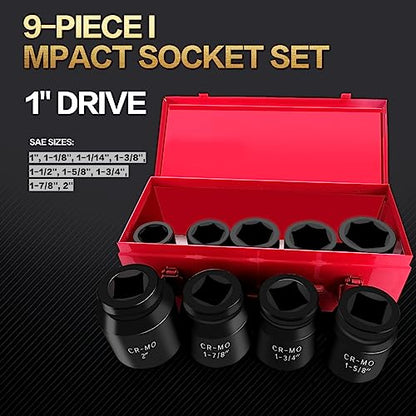 TONYNOL 1 Inch Drive Deep Impact Socket Set,9 Pieces,6-Point,SAE Sizes (1",1-1/8",1-1/14",1-3/8",1-1/2",1-5/8",1-3/4",1-7/8",2"),Cr-Mo Steel - size: 1"Drive 9PC SAE (1"-2") Deep