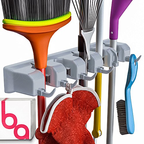 Berry Ave Broom Holder & Wall Mount Garden Tool Organizer- Kitchen, Closet, Garage & Laundry Room Storage With 5 Slots And 6 Hooks- Wall Holder For Broom, Rake & Mop Handles Up To 1.25” [Gray, 2 Pack] - color: Grey, size: 2 Pack