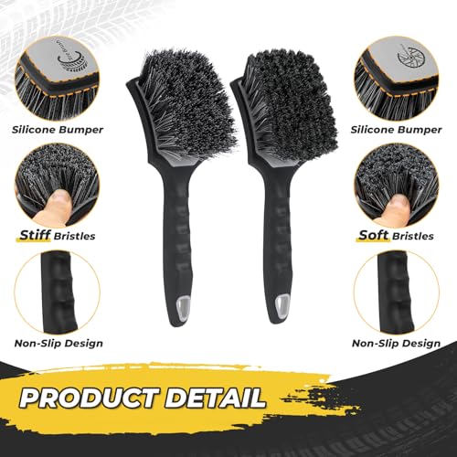 Wheel and Tire Brush Detailing Kit, Gray | Soft Rim Brush & Stiff Tire Brush, Silicone Bumper Guard, Non-Slip Ergonomic Handle, For Alloy Wheels, Fenders, Mats - color: BLACK gray