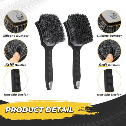 Wheel and Tire Brush Detailing Kit, Gray | Soft Rim Brush & Stiff Tire Brush, Silicone Bumper Guard, Non-Slip Ergonomic Handle, For Alloy Wheels, Fenders, Mats - color: BLACK gray