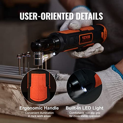 VEVOR 3/8" Cordless Electric Ratchet Wrench Set, 33 Ft-lbs 12V Power Ratchet Tool Kit with 45-Min Fast Charge, 2-Pack 2.0Ah Battery, Built-in LED Light, Variable Speed Trigger, 10 Sockets