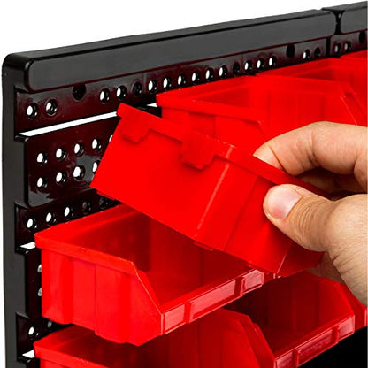 Wall Mounted Storage Bins, 30 Wall Mount Tool Organizer Bins Plastic Parts Rack Container, Easy Access Compartments For Tools, Hardware, Crafts, Office Supplies And More, Blackred