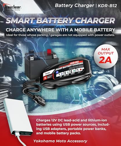 KAEDEAR Motorcycle Smart Battery Charger, USB Input, Mobile Battery Compatible, 12V, 2A, Maintenance Charging Function, Prevent Battery Damages, Perfect for Winter Storage, No Outlet Needed, KDR-B12