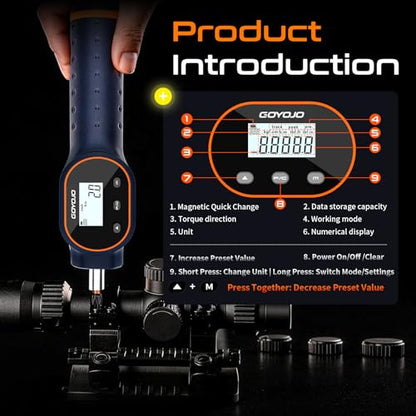 GOYOJO Digital Torque Screwdriver 1.77-17.7 in.lb / 0.2-2 Nm, 1/4 Adjustable Inch Pound Torque Wrench Screwdriver Set with Strong Magnetic Bits,999 Data, for Gunsmithing, Electronics and Mounting - size: 1.77-17.7 in-lb