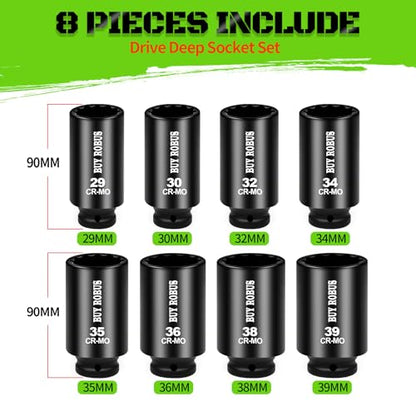 Axle Nut Impact Socket Set, 1/2" Drive Deep 12 Point 8-Piece Metric 29mm, 30mm, 32mm, 34mm, 35mm, 36mm, 38mm, 39mm Socket, Large Socket Set with Storage Case for Auto Repair, Removing - size: 12 Point 8Pcs 1/2" Metric Impact Socket Set