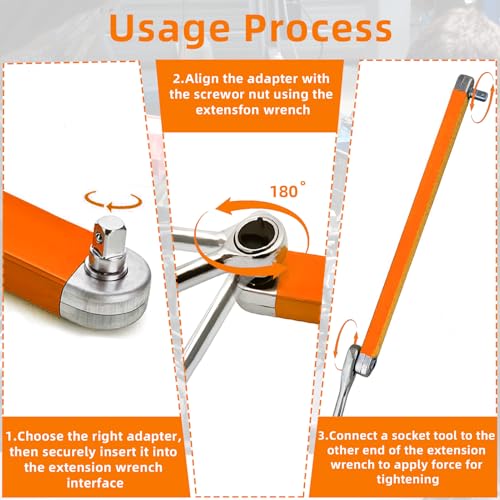 Offset Extension Wrench,15 Inch Impact Ready Socket Wrench Extender Tool Set with 1/2", 1/4" and 3/8" Square Drive Adapters, Zero Degree Ratchet Tool for Car Blue ﻿ (Orange) - color: Orange