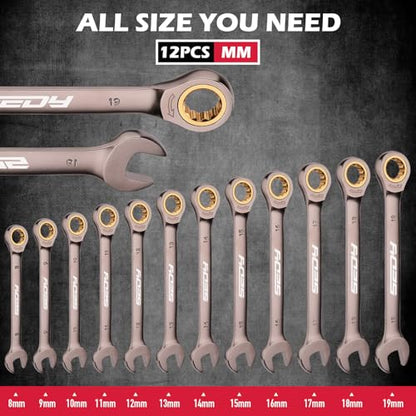 Premium 12-Piece Metric Ratchet Wrenches Set with Magnetic Organizer 8mm-19 mm, 72-Tooth Ratcheting Wrench Set, Cr-V Steel Ratchet Combination Wrench Set for Automotive, Machine Repair - style: 12-Piece Ratchet (Metric)