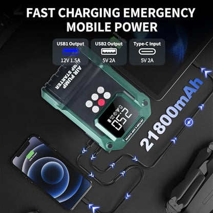 Jump Starter with Air Compressor,2000A 150PSI Car Jump Starter,21800mAh Battery Jump Starter Portable,12V Jump Box with Smart Jumper Cable LCD Display,Lights(Up All Gas/12.0L Diesel)