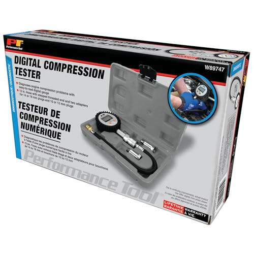 Performance Tool W89747 Digital Compression Tester - Accurate Diagnosis for Engine Performance, 300 PSI Gauge, Quick Disconnect Fitting, Stepped Adapters, Auto Shut-Off, Battery Included - style: Digital Compression Tester