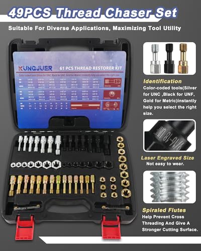61PCS Master Thread Rethreading Kit,UNC UNF Metric Thread Chaser | Thread Restorer Tool with Thread Pitch Gauge, Designed to Repair or Reshape Damaged Threads on Bolts, Screws, or Nuts - size: 61pcs Thread Chaser Set
