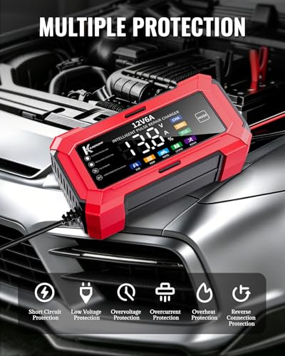 Car Battery Charger and Automatic Trickle Charger, Battery Maintainer with Intelligent Pulse Repair, Digital Display, Trickle Charger for Car Battery 12V 6A for AGM, LiFePO4, Motorcycle Batteries