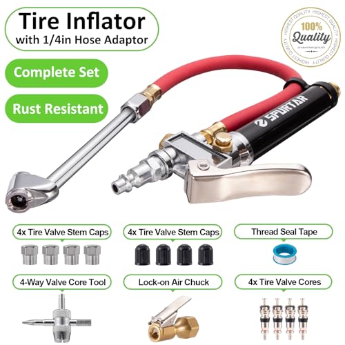 Spurtar 10-120 PSI Tire Pressure Gauge with Inflator Heavy Duty | Air Chuck Pressure Gauge with 4 Way Tool Valve Cores Air Compressor Attachments Tire Inflator Nozzle for Car Automotive Truck