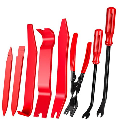 8 Pcs Auto Trim Removal Tool Kit Plastic Pry Tool & Clip Remover Pliers for Car Panel Dashboard Door Clips and Upholstery,No Scratch Plastic Trim Repair Tools Set-Red