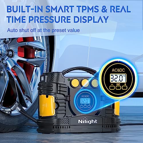 Nilight Tire Inflator Portable Air Compressor Dual Power for Car 12V DC and Home 110V AC Tires Pump Pressure Gauge Fast Inflate Auto Shutoff for Cars SUV Motorcycle Bicycle