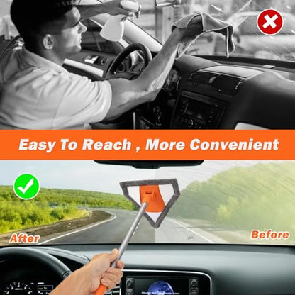 Windshield Interior Cleaner Tool - Auto Glass Wash Brush with 2 Washable and Reusable Microfiber Pads,Car Accessories Interior Triangular Mop Cleaning Kit for Trucks, SUVs, RVs & Home Windows