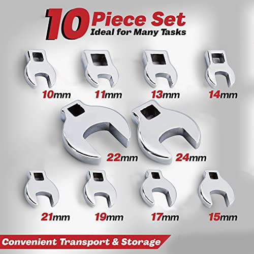 Crows Foot Wrench Set (Metric) Easily Access Hard-To-Reach Areas, Ideal for Tight Spaces, Great for Automotive Repair Work - Includes Sizes: From 10MM to 24MM - 10-Piece Kit With Clip-on Organizer - style: Metric (mm)