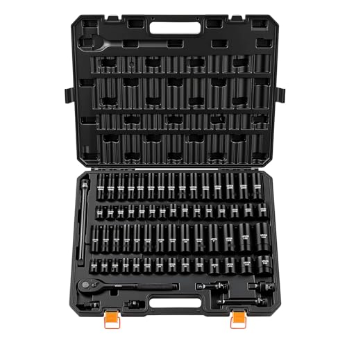 VEVOR Impact Socket Set, 1/2" Drive, 65-Piece Socket Set, 6 Point Sockets, SAE 3/8" to 1-1/4" and Metric 10-24 mm, Easy to Identify, with a Sturdy Storage Case, Cr-V Alloy Steel for Vehicles Repair - size: 1/2" 65PCS