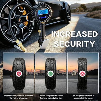Digital Tire Pressure Gauge with Inflator 250 PSI | Heavy Duty Air Chuck & Compressor Accessories with Quick Connect Coupler and Rubber Hose for Cars, Inflatables