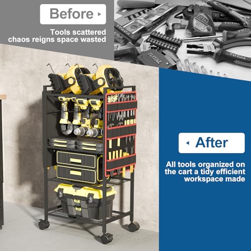 5 - Tier Power Tool Organizer Cart - 300 lbs Heavy Duty Utility Rack Shelf, Rolling Drill Holder & Tool Storage Cart on Wheels for Garage, Workshop, Ideal Gift for Men (no Power)