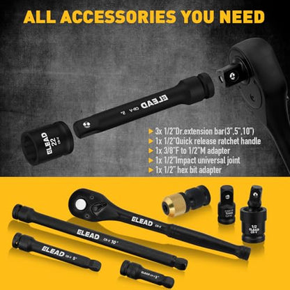 ELEAD 67 Piece 1/2" Drive Deep Impact Socket Set: Standard SAE (3/8"-1-1/4") & Metric (8-24 mm), Including 3 ", 5", 10" Extension Bar, Universal Joint, Ratchet Handle and Adapter - style: 67pcs 1/2'' Drive Impact Socket Set