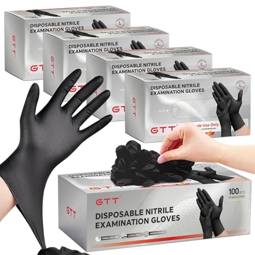 GTT Black Nitrile Exam Gloves 6 Mil, Powder-Free Disposable Gloves, First Aid,Cleaning Food Prep, Tattoo,Cooking,Mechanical - size: Large, style: 400 Count