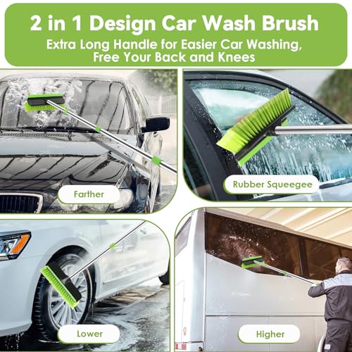 2 Pack Car Wash Brush with 62" Long Handle for Exterior Truck, RV, Boat | Microfiber Car Wash Mop and Car Washing Brush Combo, Soft Bristle Cleaning Brush, Rubber Squeegee, Car Cleaning Kit for Home