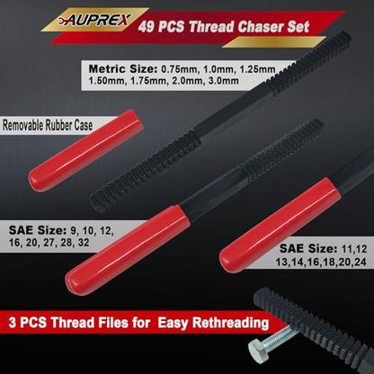 AUPREX 49Pcs Thread Chaser Set, UNC, UNF & Metric Thread Repair Kit with Taps, Dies and Thread Files for Re-Threading, Universal Metric and SAE Thread Chaser Kit - size: 49Pcs Metric&SAE
