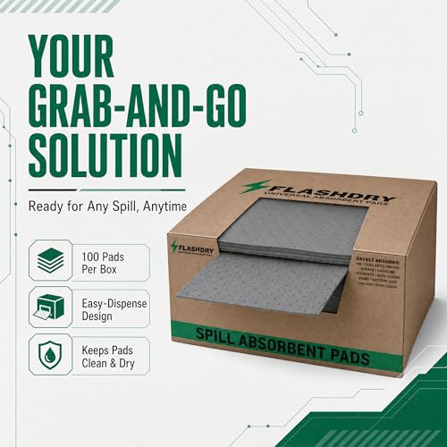 FLASHDRY Universal Spill Absorbent Pads, 17.5" x 13.5", 100-Count | Absorbs Oil, Grease, Coolant & Solvents, for Garages, Warehouses, Factories & Industrial Facilities, Comes in Dispener Box - size: 100 Pads - 2mm