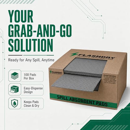 FLASHDRY Universal Spill Absorbent Pads, 17.5" x 13.5", 100-Count | Absorbs Oil, Grease, Coolant & Solvents, for Garages, Warehouses, Factories & Industrial Facilities, Comes in Dispener Box - size: 100 Pads - 2mm