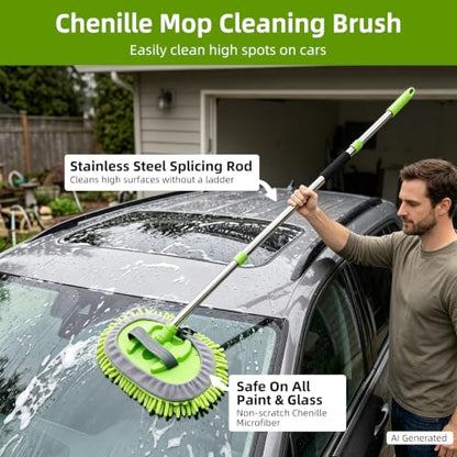 2 Pack 62" Car Wash Brush with Long Handle, Chenille Microfiber Car Wash Mop Mitt, Scratch-Free Soft Bristles Brush , Windshield Window Squeegee, Car Cleaning Kit Supplies for Car,Truck,SUV,RV,Boat - size: 5 Pack