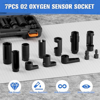 12-Piece Oxygen Sensor Socket Set & Thread Chaser Set, with 22mm 27mm 29mm 7/8" 1-1/16" Sockets 1/2" 3/8" Drive, for Oil Pressure, Vacuum, Thermal Sensors - size: 12-Piece