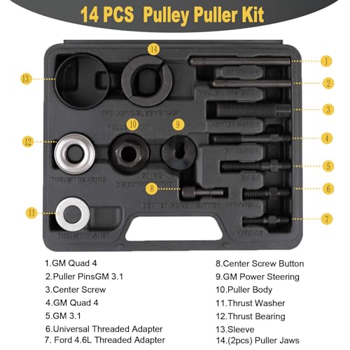 14PCS Power Steering and Alternator Pulley Tool Kit, Replace Vehicle Steering Pump and Car Repair Tools, Essential Car Repair Tools for Mechanics with Storage Case