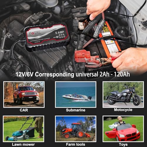 5A 6V/12V Smart Battery Charger – FOVAL Automatic Maintainer, Trickle Charger & Desulfator with Overcharge Protection & Temperature Compensation – for Lead-Acid & Lithium Batteries
