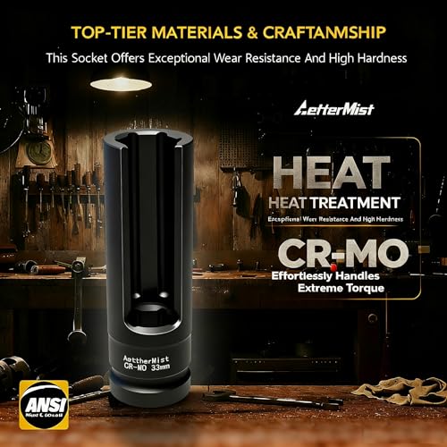 1 Inch Driver 33mm Extra Deep Impact Socket, 7.9 inch Length Deep Axle Nut Socket,6 Point Cr-Mo Deep Truck Wheel Nut Socket,Radius Corner Design, Chamfered Opening - size: 33
