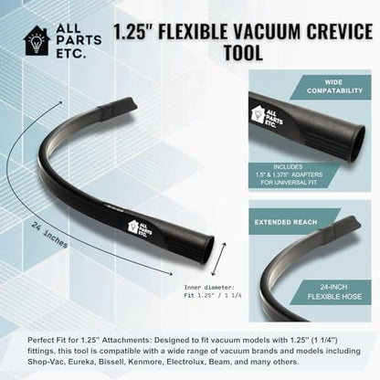 1.25" Flexible Flat Vacuum Crevice Tool/Under Side Refridgerators - 1.5" & 1.37" - 24" Long Hose Adaptor 2.5" to 1.25” Fits Wet Dry Vacuums - Shop Vac, Rigid, Workshop, Vac Master