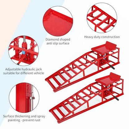 2 Pack Hydraulic Car Service Ramps,Low Profile Car Lift Service Ramps | 11000 Lbs (5 Tons), Car Lift Service Ramps Adjustable Lift Height 9.8" to 16.21",Vehicle Auto Garage for Oil Changes - size: Red