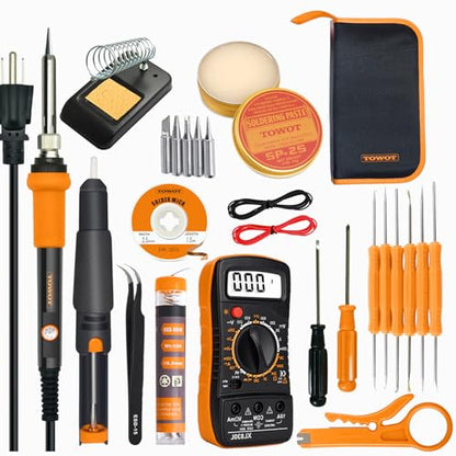 TOWOT Soldering Iron Kit, Electronic Soldering Iron 60W Adjustable Temperature, Deoldering Pump, Tin Wire, Solder Wick, Tweezers, Soldering Iron Tips Set, Soldering Iron Stand, Wire Strippers - style: Set D