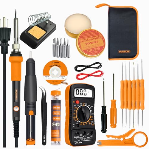 TOWOT Soldering Iron Kit, Electronic Soldering Iron 60W Adjustable Temperature, Deoldering Pump, Tin Wire, Solder Wick, Tweezers, Soldering Iron Tips Set, Soldering Iron Stand, Wire Strippers - style: Set D