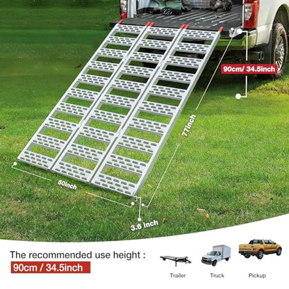 Aluminum Tri-Folding Truck Ramps 1600Lbs Max, Loading Ramps for Pickup Trucks Bed, Trailers Ramp with Load Straps for ATV/UTV, Sweeper Machine, Golf Carts, Touring Motorcycles, Small Tractor
