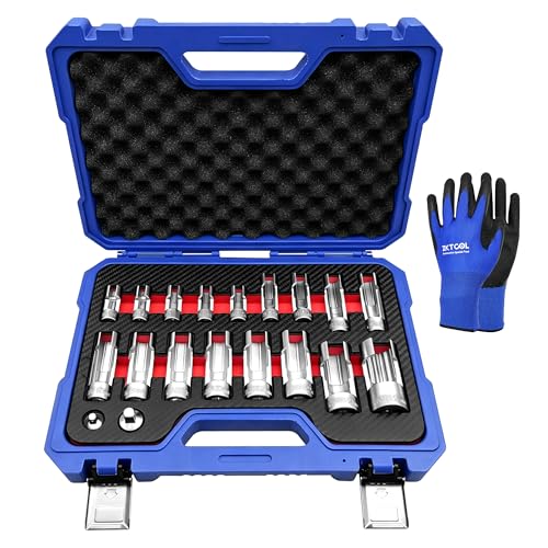 ZKTOOL 19PCS Diesel Injector Fuel Line Socket Set Metric 8-27mm Flare Nut Socket Set 3/8" 1/2" Drive 5-Point Avoid Wire Nut Sockets for Wired Temperature Sensor, Thermo Switch, With Box and Gloves