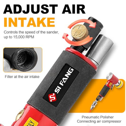 SI FANG 48Pcs 1'' 2'' 3'' Mini Air Sander Kit, High Speed Random Orbital DA Sander Polisher for Auto Body Work, Includes 1/2/3in Polishing Sponge & Wool Pads Sandpapers (Red Pneumatic Sander) - style: 1"2"3" Buffer&Sander Kit Red