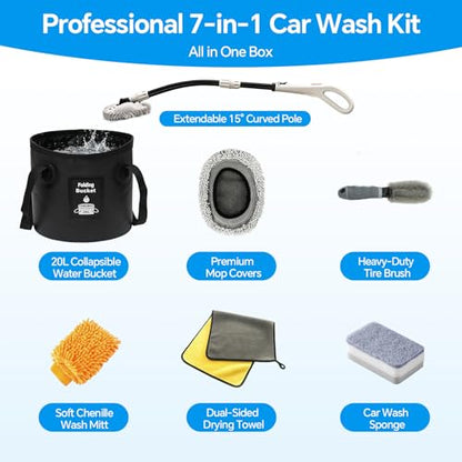 7-in-1 Car Wash Kit with 20L Folding Bucket & Brush – Car Wash Mop with Long Handle, 15° Curved Aluminum Pole for SUV Roof, Car Washing Brushes & Cleaning Supplies, RVs-White. - color: White
