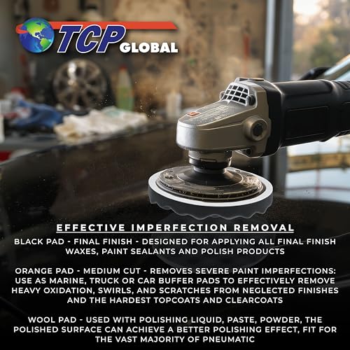 TCP Global Complete 3 Pad Buffing and Polishing Kit with 3-8" Pads; 2 Waffle Foam and 1 Wool Grip Pads and a 5/8" Threaded Polisher Grip Backing Plate