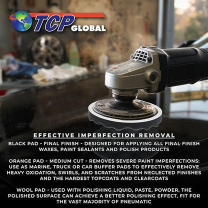 TCP Global Complete 3 Pad Buffing and Polishing Kit with 3-8" Pads; 2 Waffle Foam and 1 Wool Grip Pads and a 5/8" Threaded Polisher Grip Backing Plate