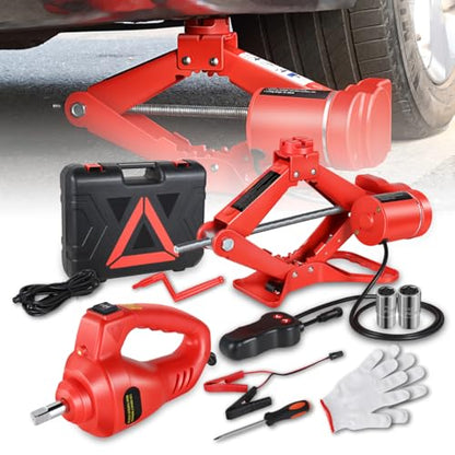 Scissor Jacks for 3 Ton (6600lb) Tire Jack Repair Kit with Electric Car Jack & Wrench, Emergency Tire Changing Kit for Car SUV MPV, Lifting Range 13.7" - Min 4.7", Red