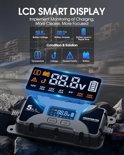 5A Car Battery Charger, 12V 6V Trickle Charger for Car Motorcycle Battery, Automobile Battery Maintainer with LCD Display, Pulse Repair Desulfator for Lead Acid, AGM, Lithium Batteries (Silver)