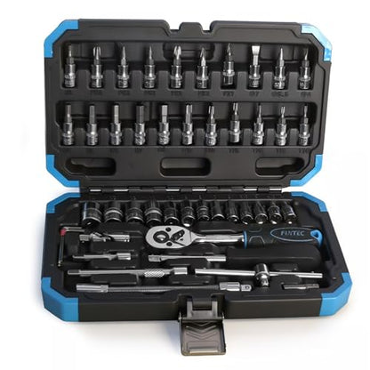 FIXTEC 46-Piece 1/4-Inch Drive Socket Ratchet Wrench Set, Metric Socket & Bit Set with Extension Bars, Universal Joint and Storage Case, CR-V Steel Tool Kit for Auto Repair and Home Maintenance