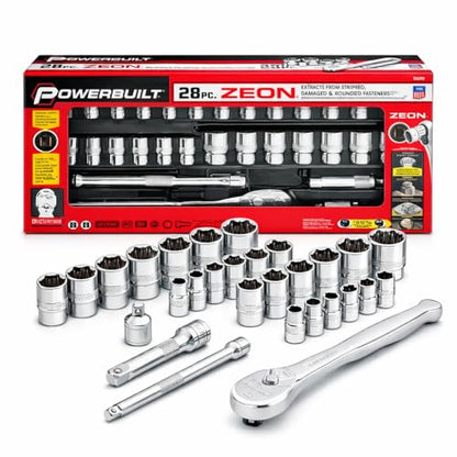 Powerbuilt 28-Piece Zeon Socket Set, SAE & Metric Rounded Fastener Grip Sockets with XT90 90-Tooth Ratchet, Extensions & Storage Tray - 941763 - size: Metric and SAE