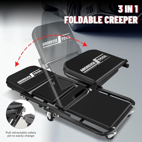 36" Folding Creeper with Tire Kit, Cross Wrench & 5 Boxes, 330 LBS | Steel folding creeper converts to seat. Low 4.5" profile. Folds flat. 6 swivel casters. - color: Black with Tire Kit, Wrench & Storage