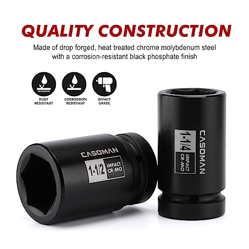 CASOMAN 1-Inch Drive Spindle Axle Nut Impact Socket Set, Deep, 1" to 2", 9PCS Impact Large Socket Set, 6-Point, SAE, CR-MO - size: 9 pcs (25.4 mm - 50.8 mm), style: Deep